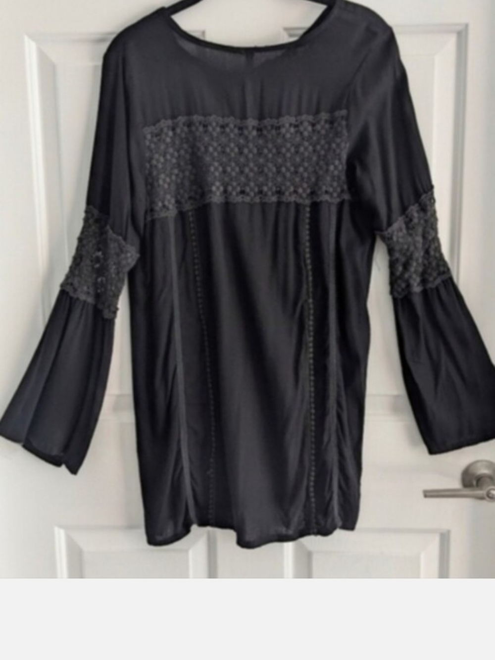 Black Peasant Blouse Crochet- Lacy Yoke and Bell Sleeves Size Small Tunic Top - Picture 2 of 9